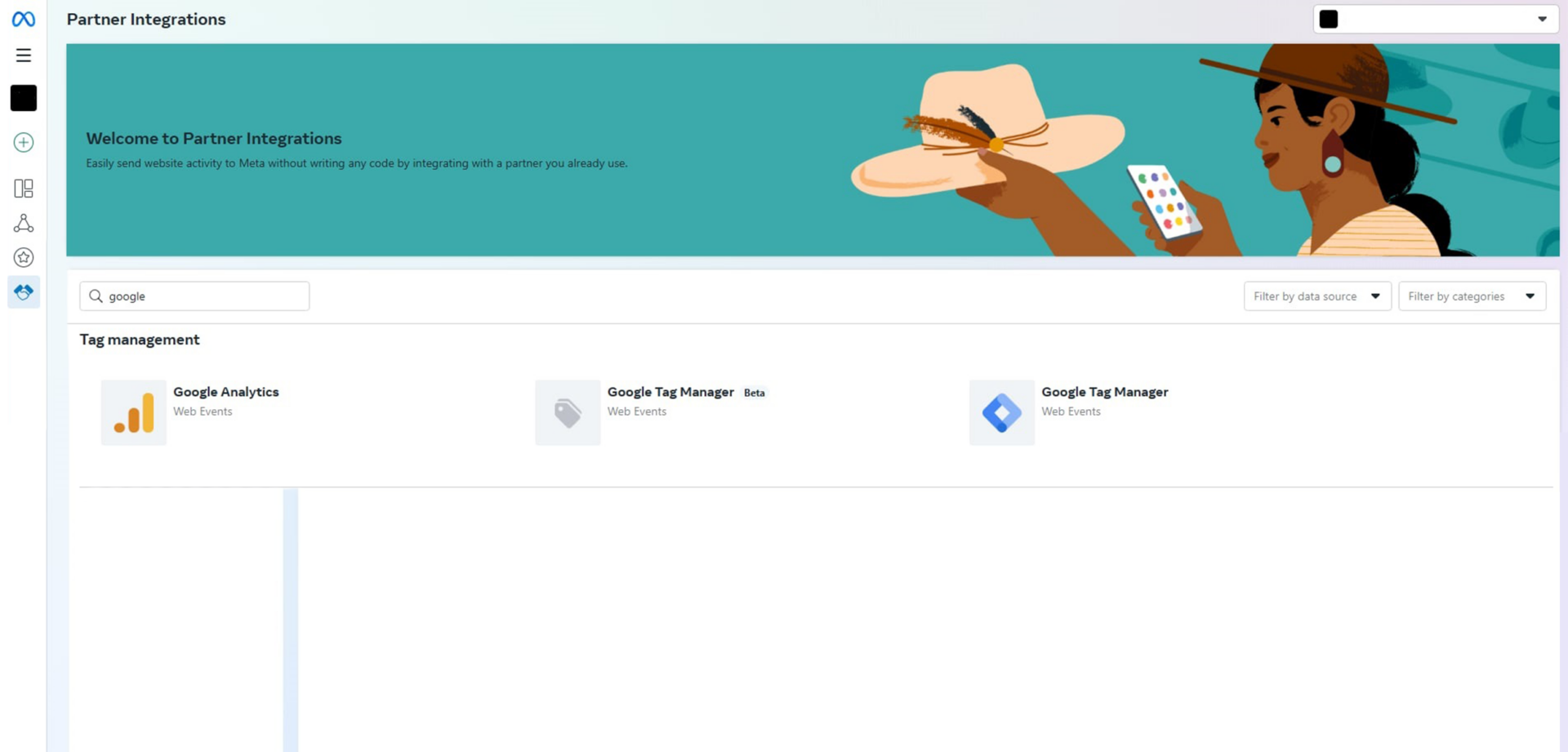Events Manager, στην κατηγορία “Partner Integration”. Έπειτα, αναζητώντας “Google”, θα σου εμφανίσει το Google Analytics